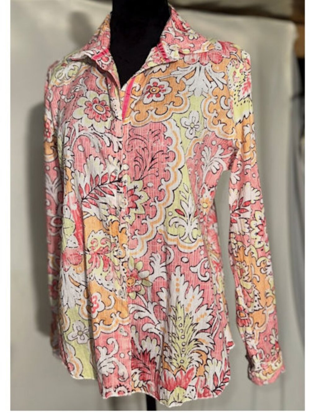 Cino Melon and Yellow Flowered 100% Cotton Blouse, Small